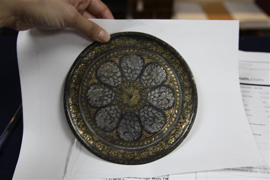 An Indian Bidri ware silver and brass overlaid dish or stand, 17th/18th century, diameter 17.5cm